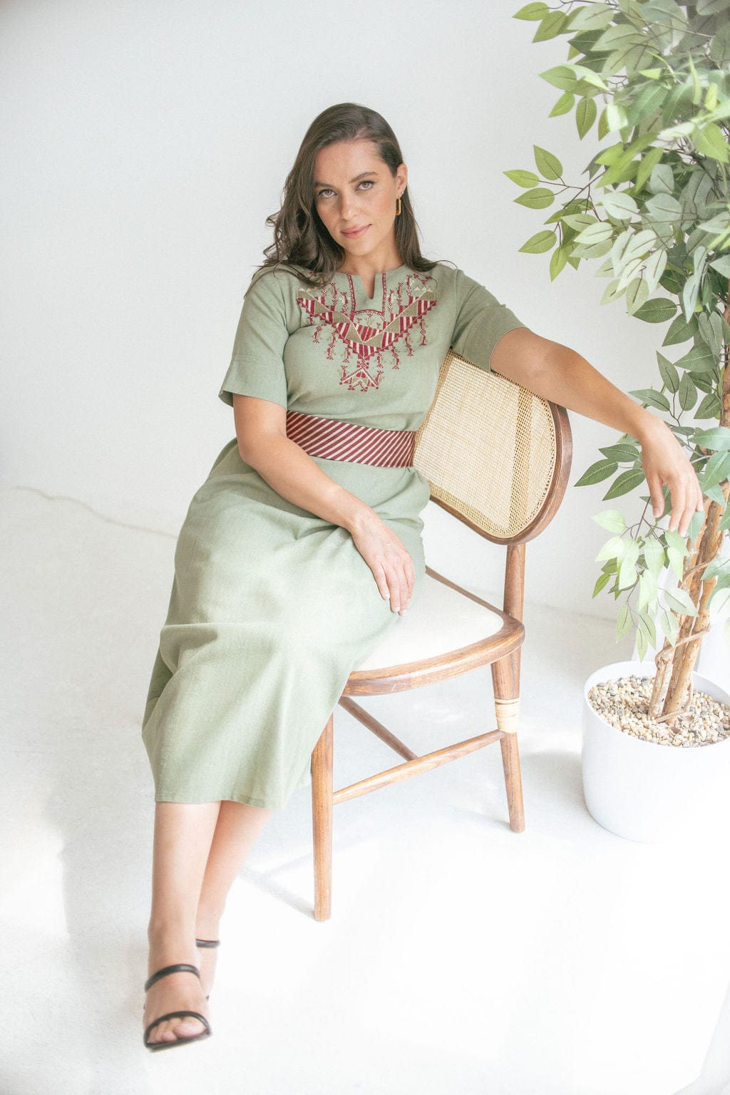 Hand - Embroidered Fallahi Olive Green Linen Dress - Deerah