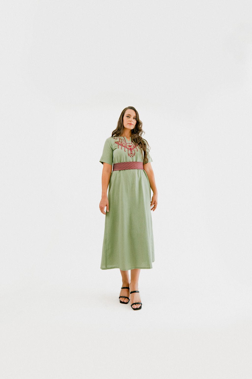 Hand-Embroidered Olive Green Linen Dress for Women, Black / Custom Hand-Embroidered Olive Green Linen Dress for Women, Black / Custom