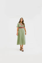 Hand - Embroidered Fallahi Olive Green Linen Dress - Deerah