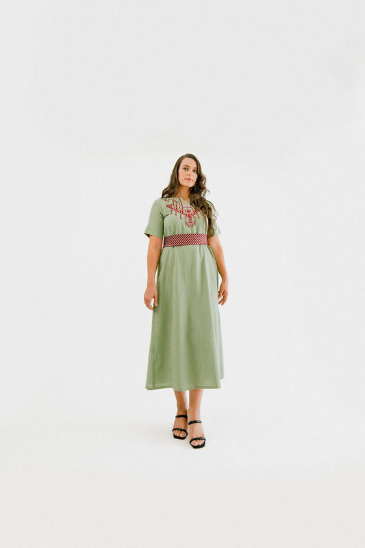 Hand - Embroidered Fallahi Olive Green Linen Dress - Deerah