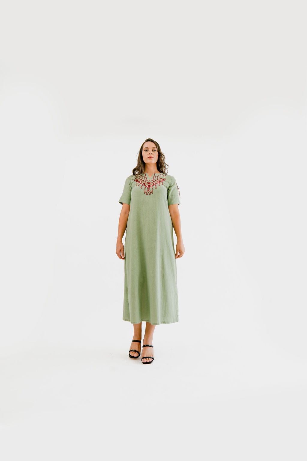 Hand - Embroidered Fallahi Olive Green Linen Dress - Deerah