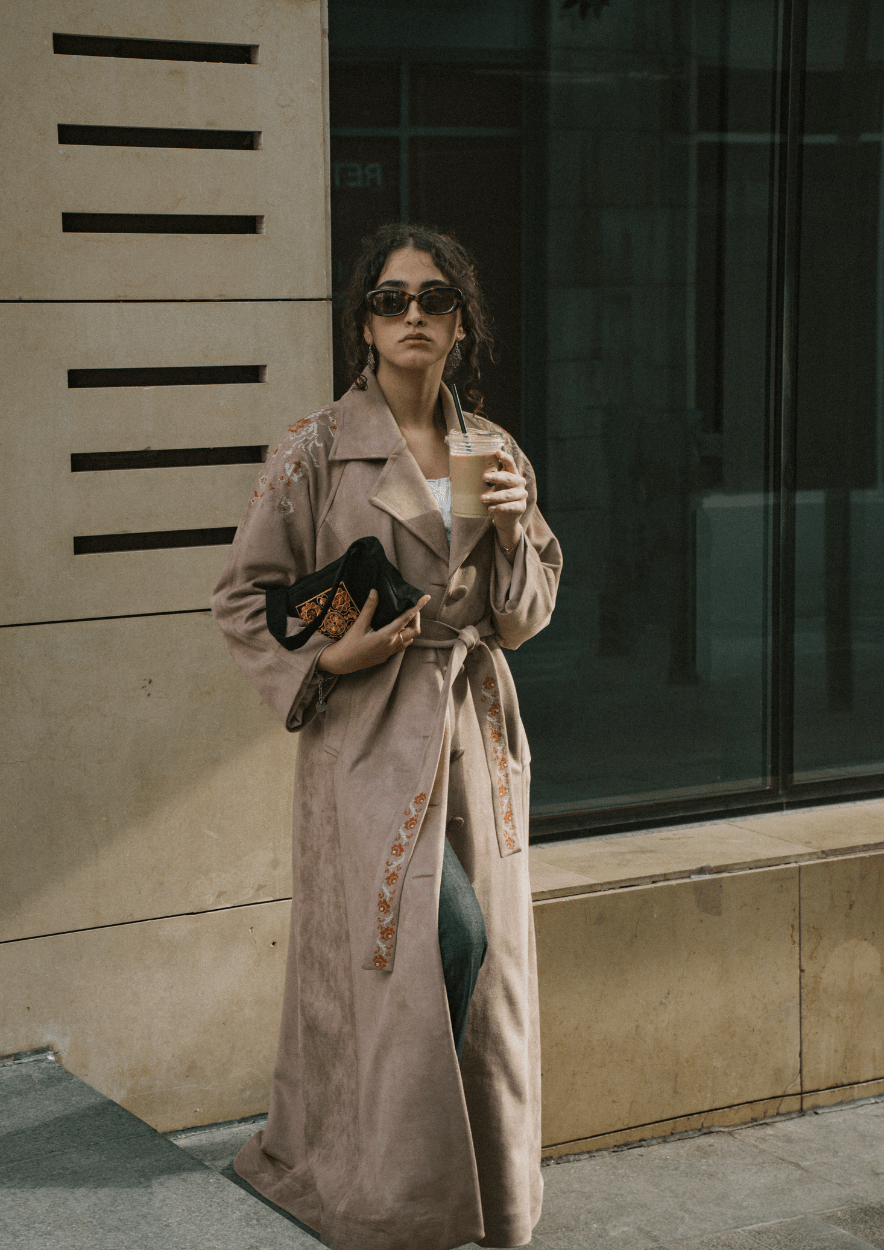 Joury جوري Hand-Embroidered Maxi Suede Coat Deerah