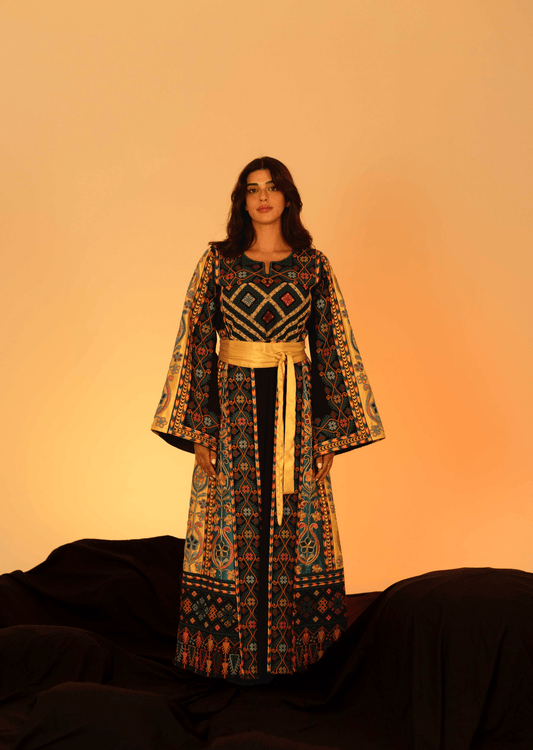Navy and Gold Traditional Palestinian Thobe - Deerah