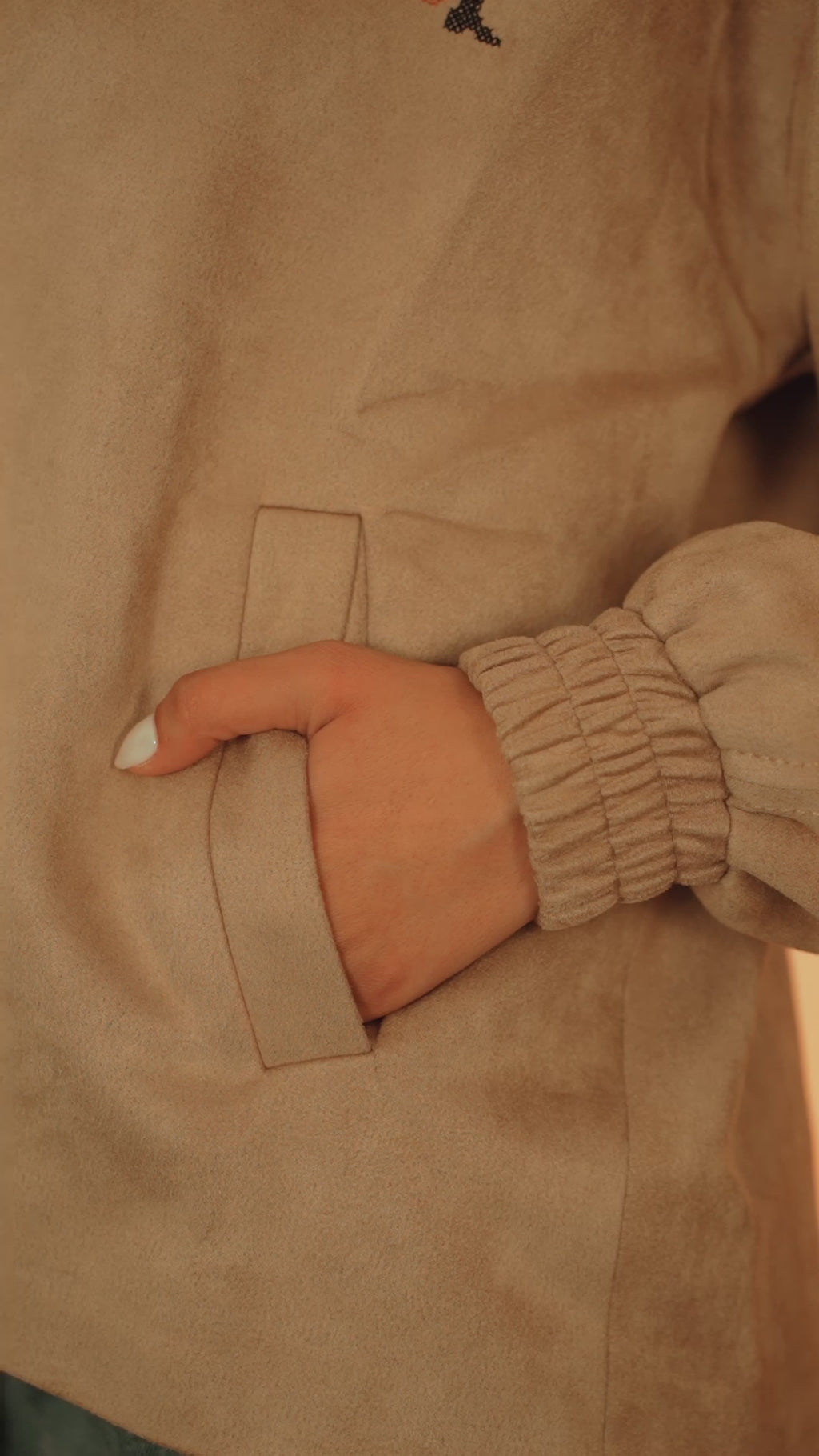 Latte Beige Embroidered Suede Jacket