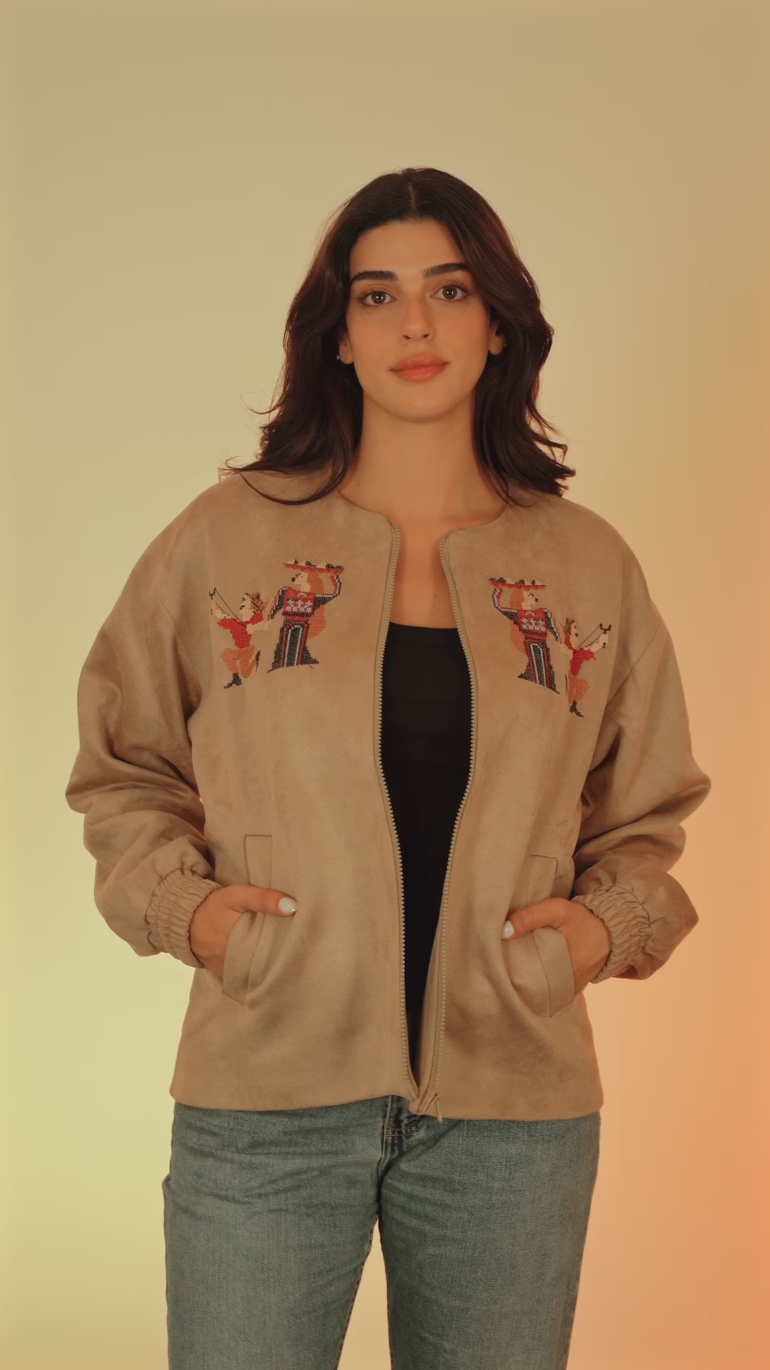 Beige Embroidered Suede Jacket | Deerah