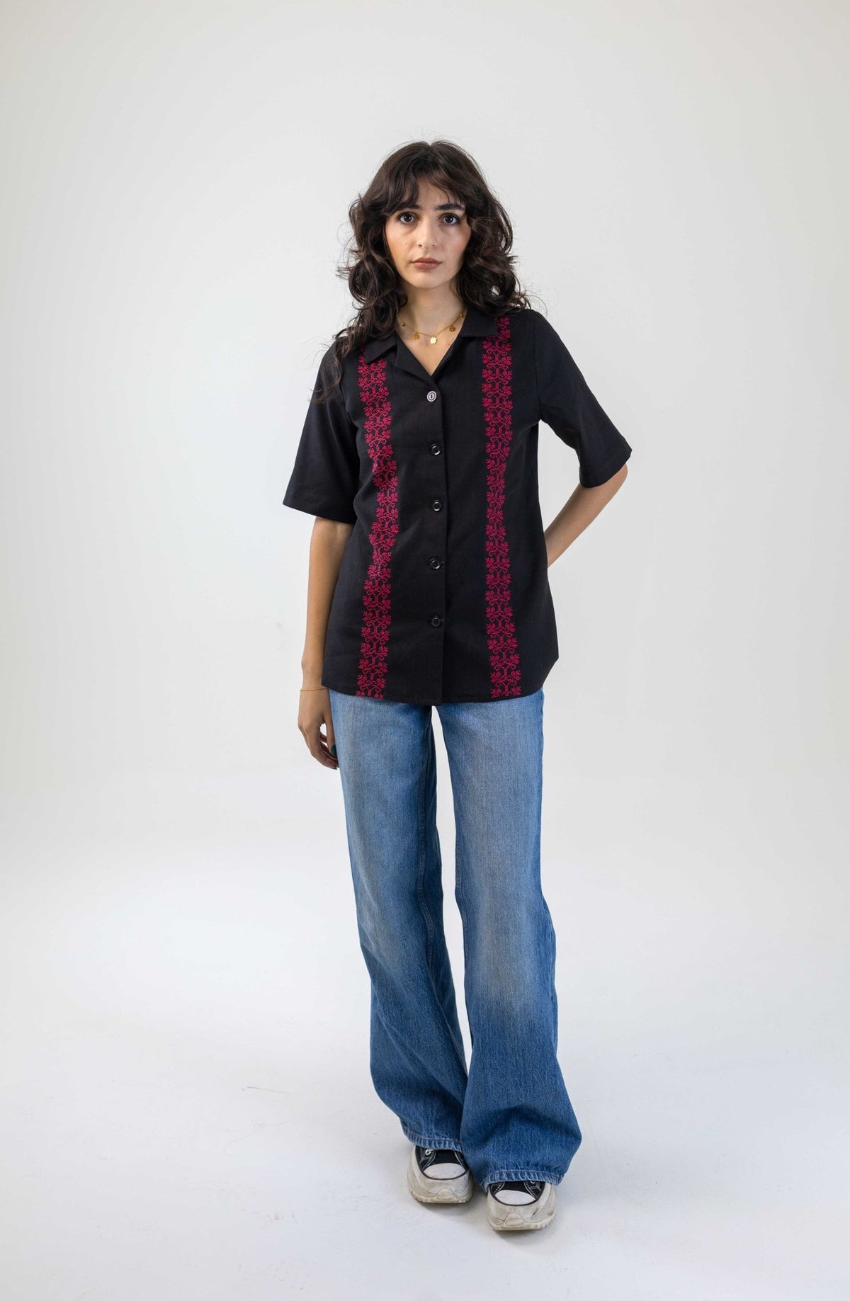 The Basil Hand Embroidered Unisex Shirt in Black - Deerah