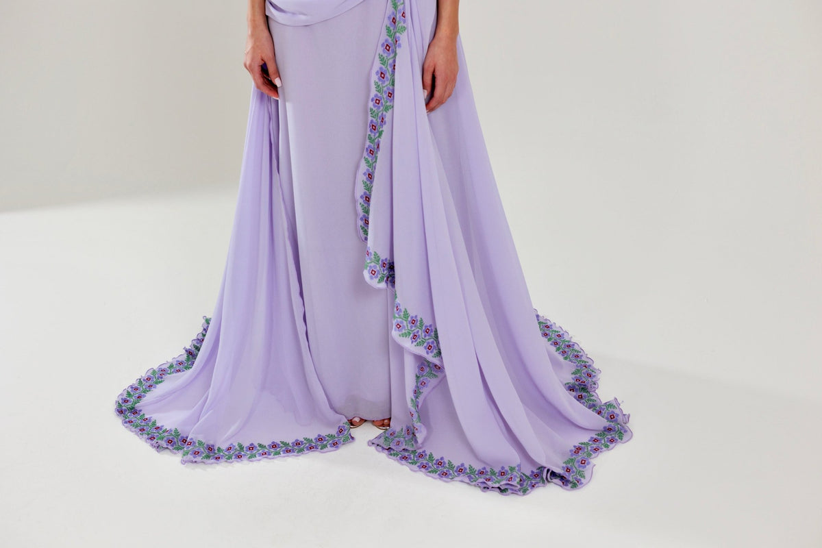 The Layan Hand-Embroidered Lavender Chiffon Dress - Deerah