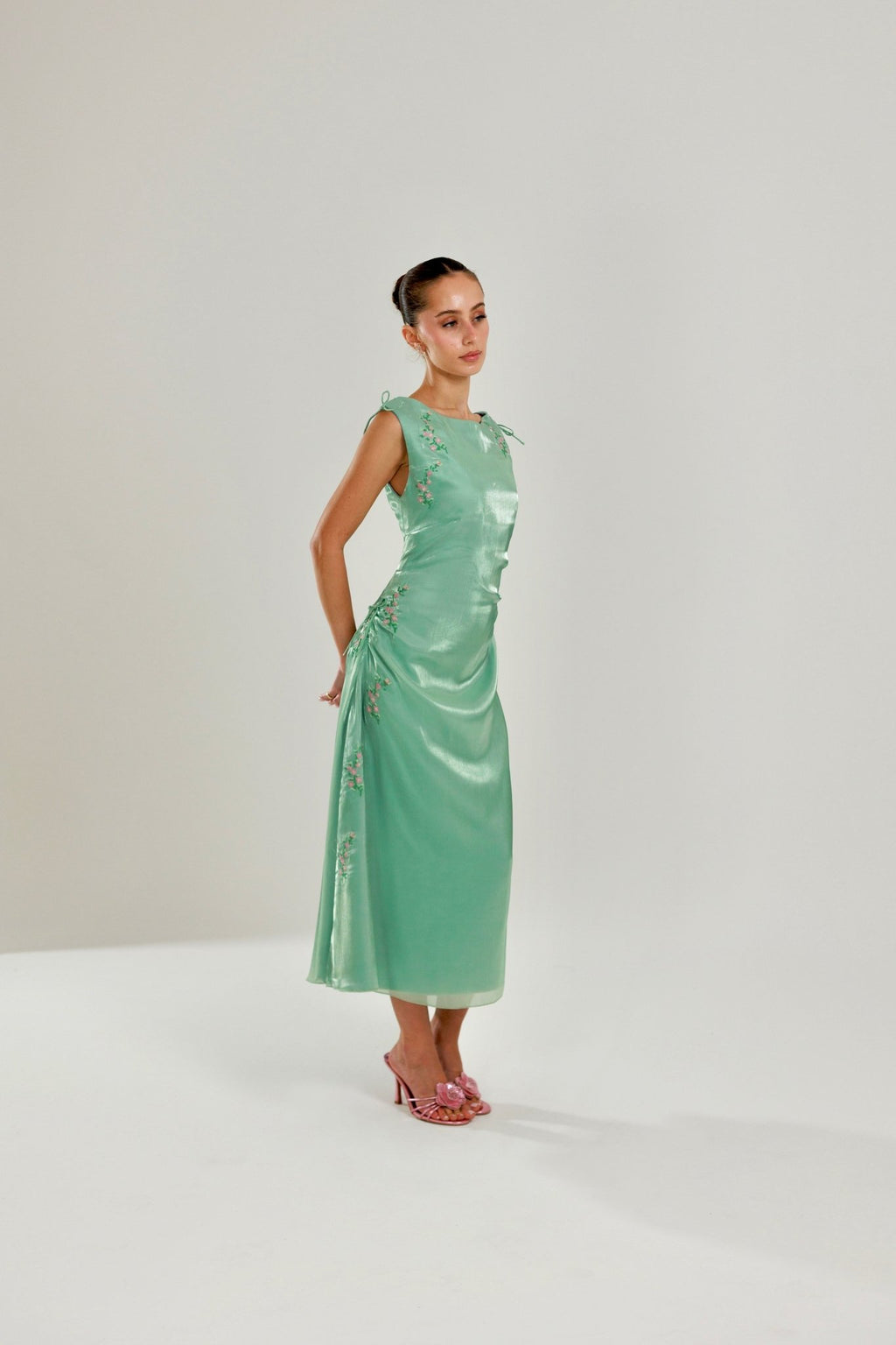 The Tala Hand Embroidered Sage Green Dress - Deerah