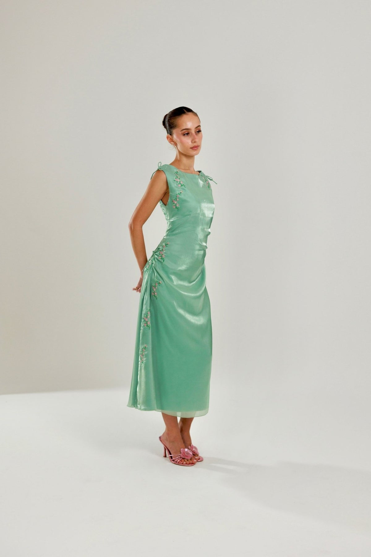The Tala Hand Embroidered Sage Green Dress - Deerah