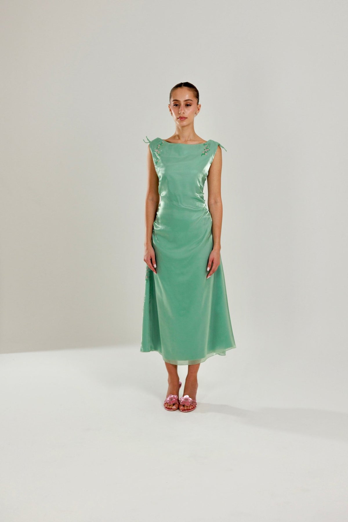 The Tala Hand Embroidered Sage Green Dress - Deerah
