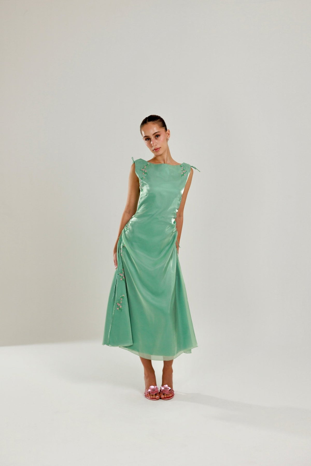 The Tala Hand Embroidered Sage Green Dress - Deerah