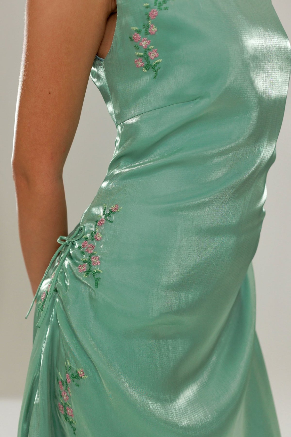 The Tala Hand Embroidered Sage Green Dress - Deerah