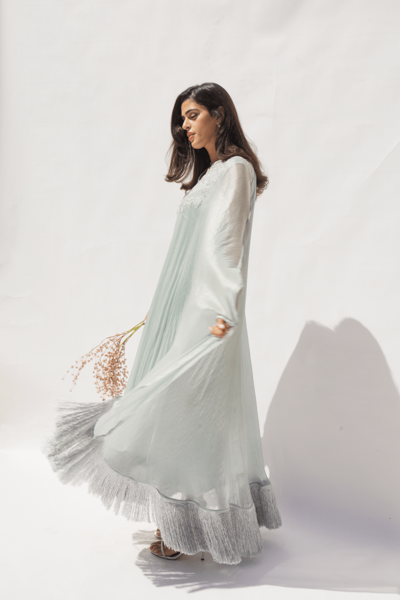 The Tatreez Dress & Abaya, Silver Sage with Silver Embroidery