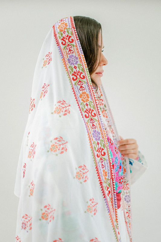 Traditional Embroidered Palestinian Shawl Head Dress - Deerah