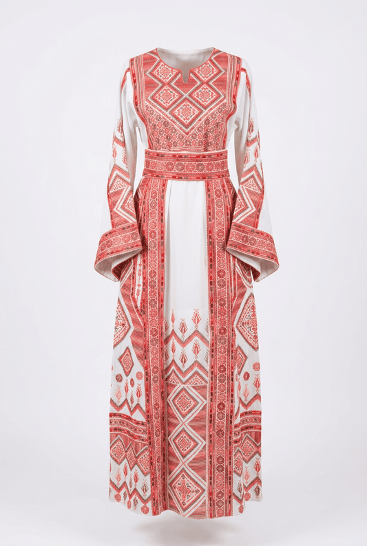White and Red Geometric Thobe - Deerah
