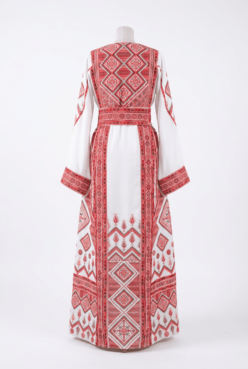 White and Red Geometric Thobe - Deerah