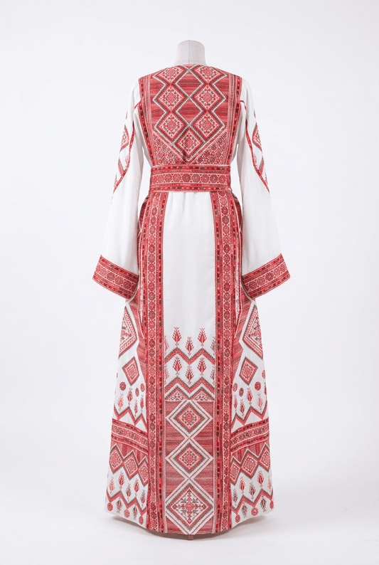 White and Red Geometric Thobe - Deerah