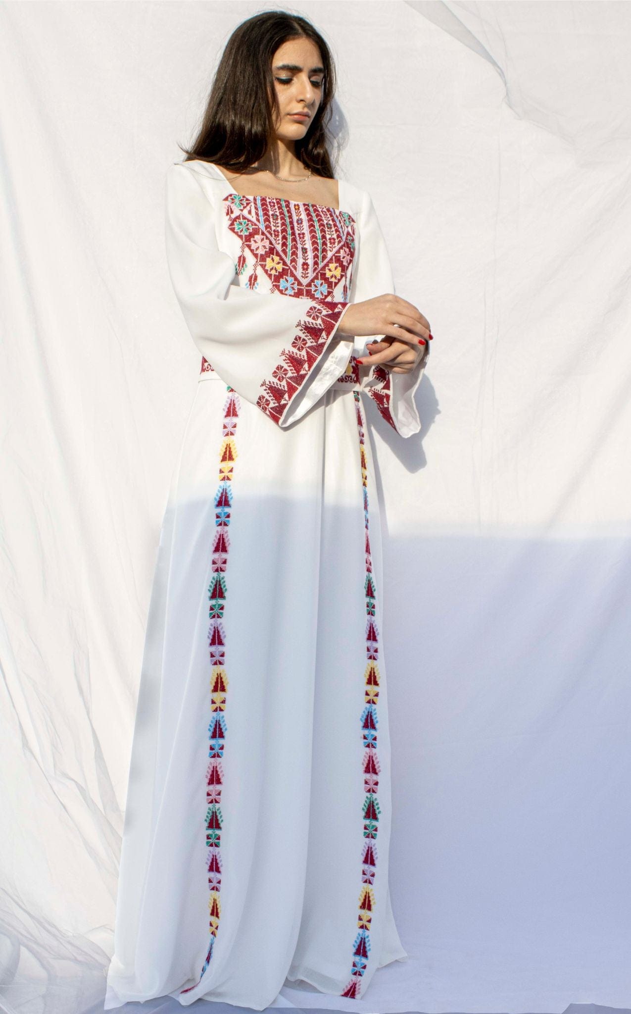 Afnan - Hand - Embroidered Bell Sleeve Palestinian Bridal Dress - Deerah