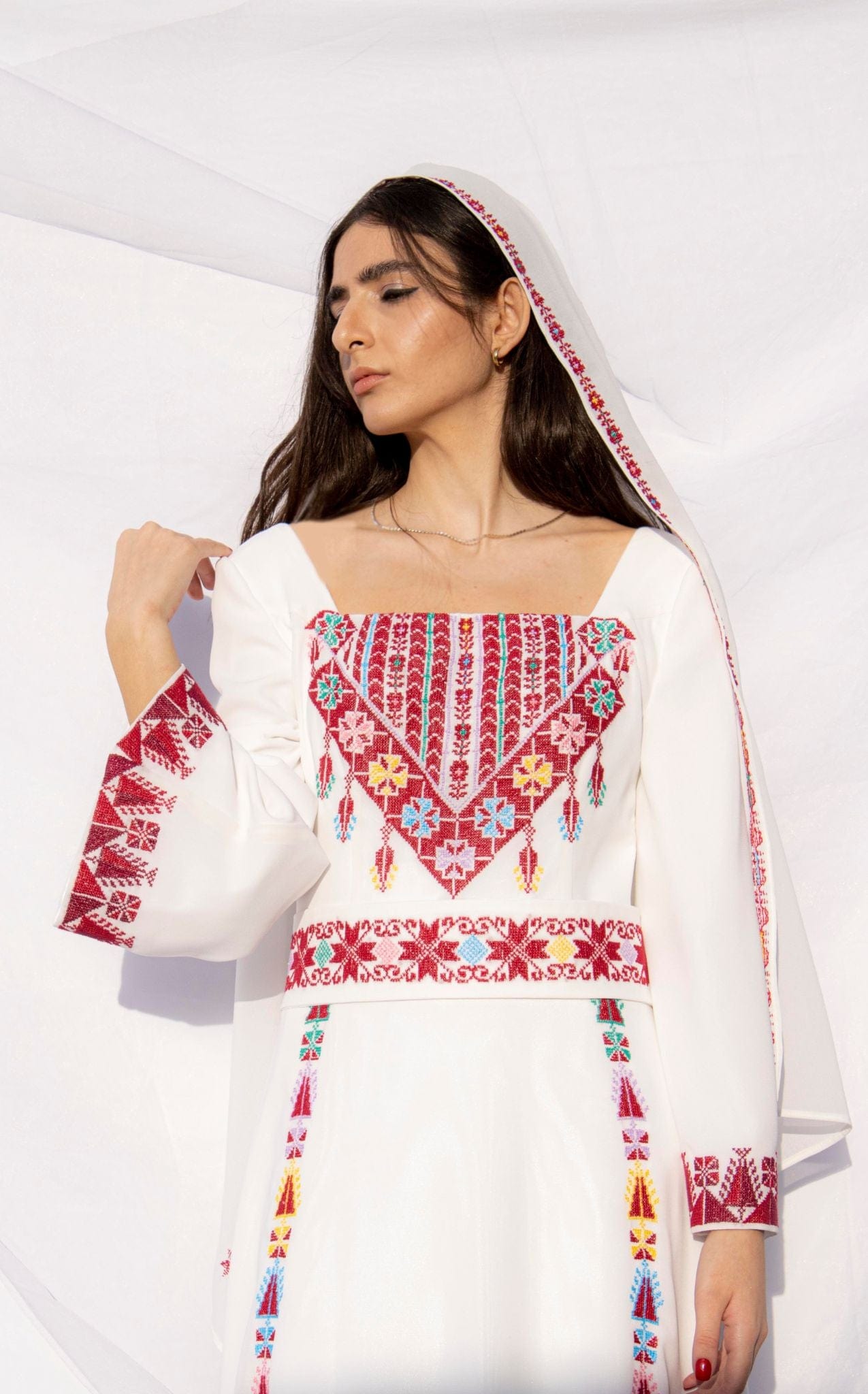 Afnan - Hand - Embroidered Bell Sleeve Palestinian Bridal Dress - Deerah