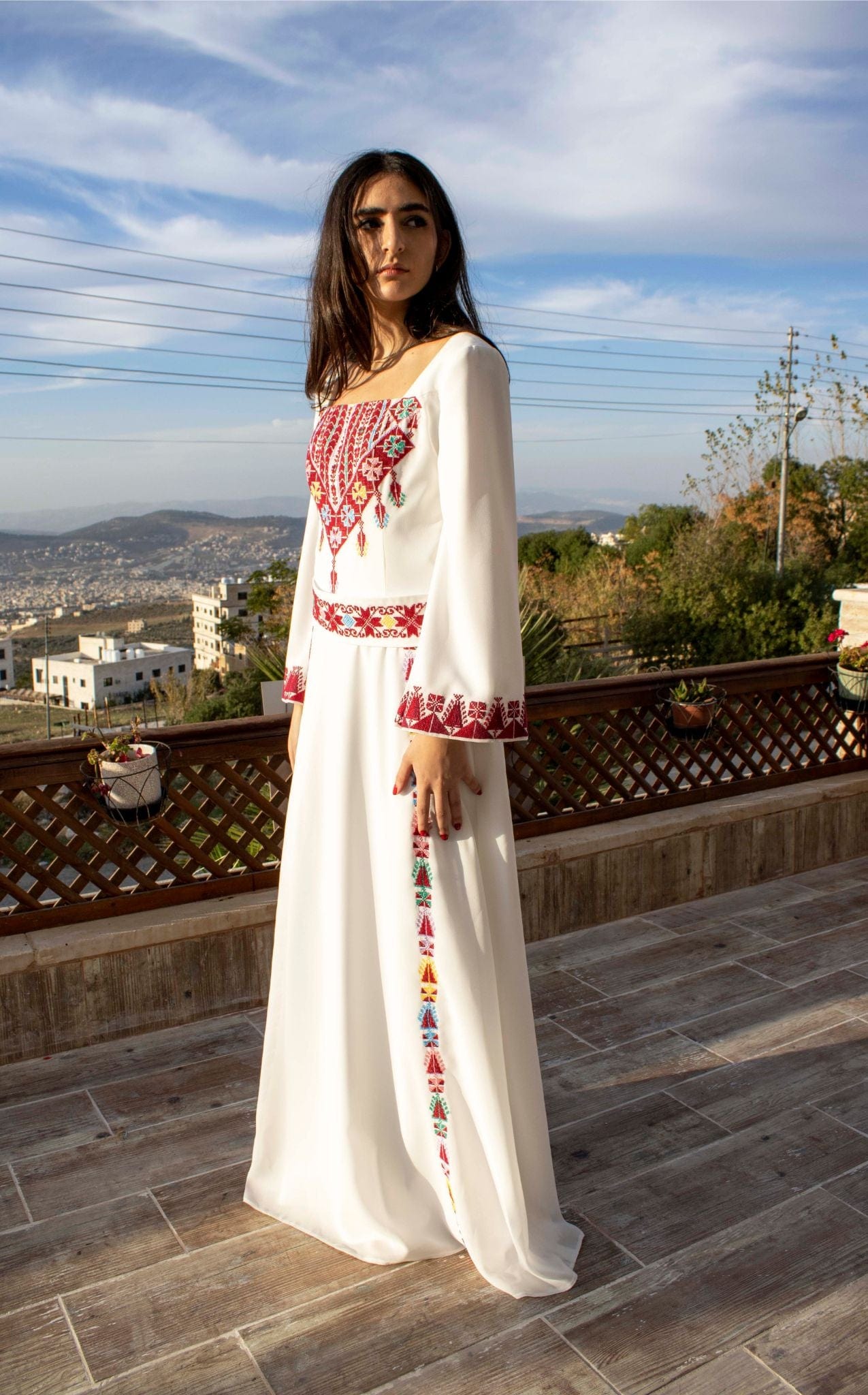 Afnan - Hand - Embroidered Bell Sleeve Palestinian Bridal Dress - Deerah