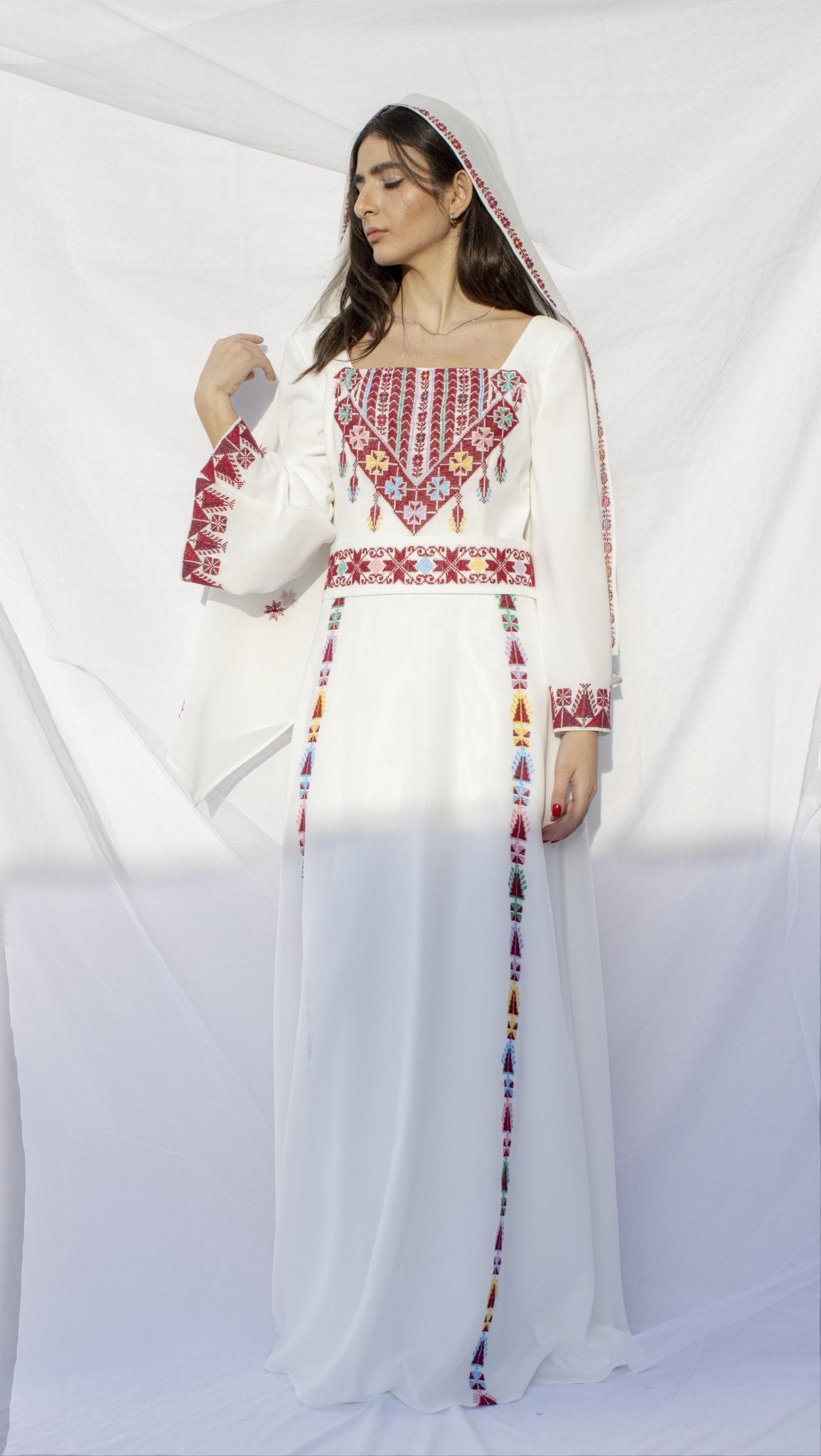 Afnan - Hand - Embroidered Bell Sleeve Palestinian Bridal Dress - Deerah