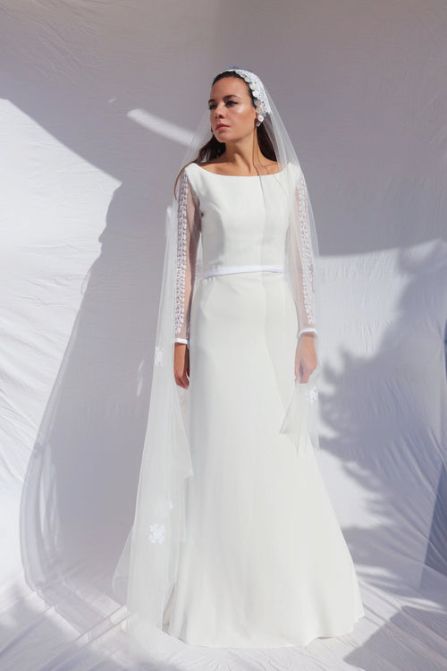 Amira - Hand Embroidered White Palestinian Wedding Dress & Veil - Deerah