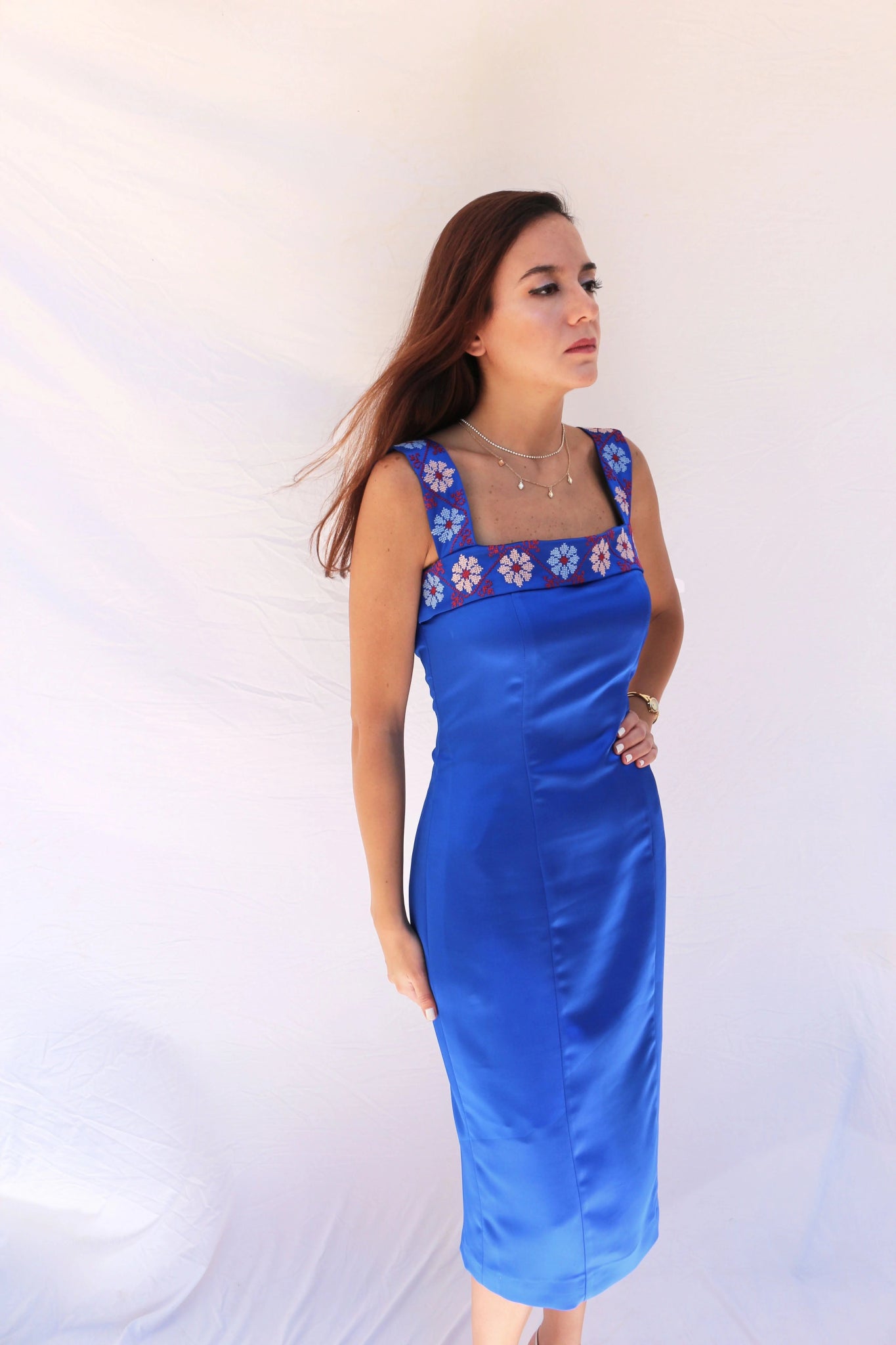 Bana - Hand - Embroidered Blue Satin Evening Dress - Deerah