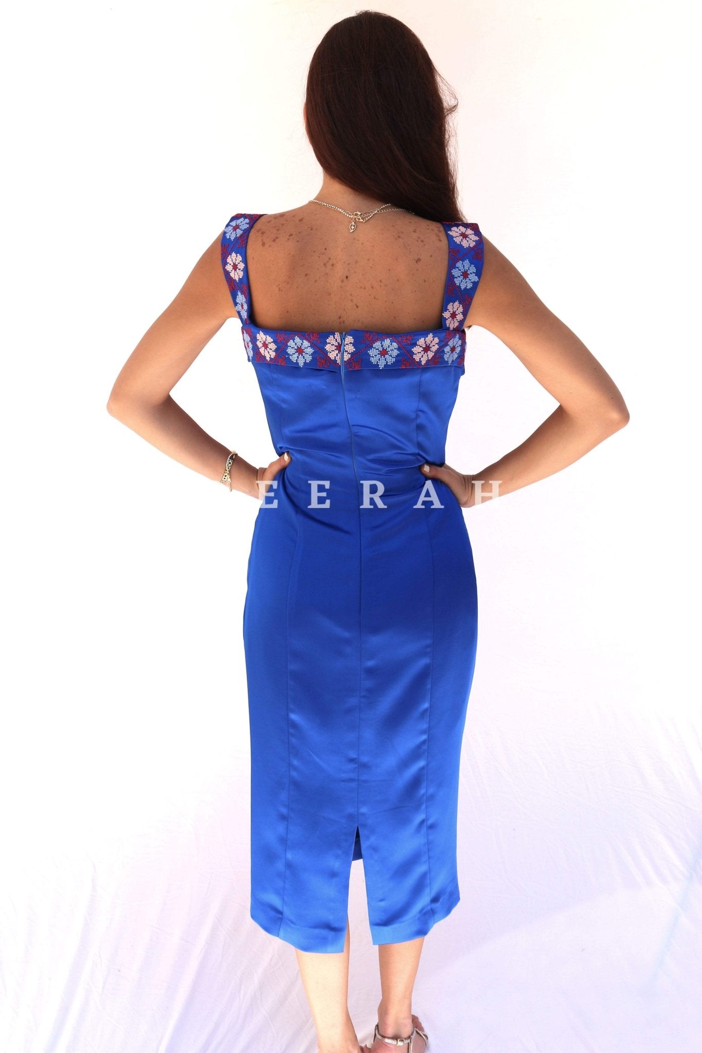 Bana - Hand - Embroidered Blue Satin Evening Dress - Deerah