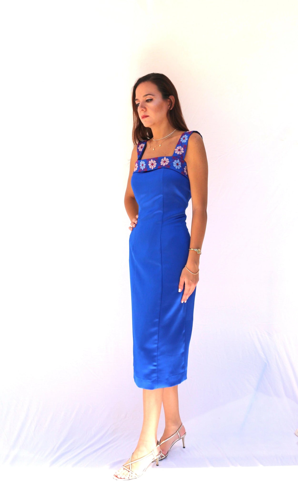 Bana - Hand - Embroidered Blue Satin Evening Dress - Deerah