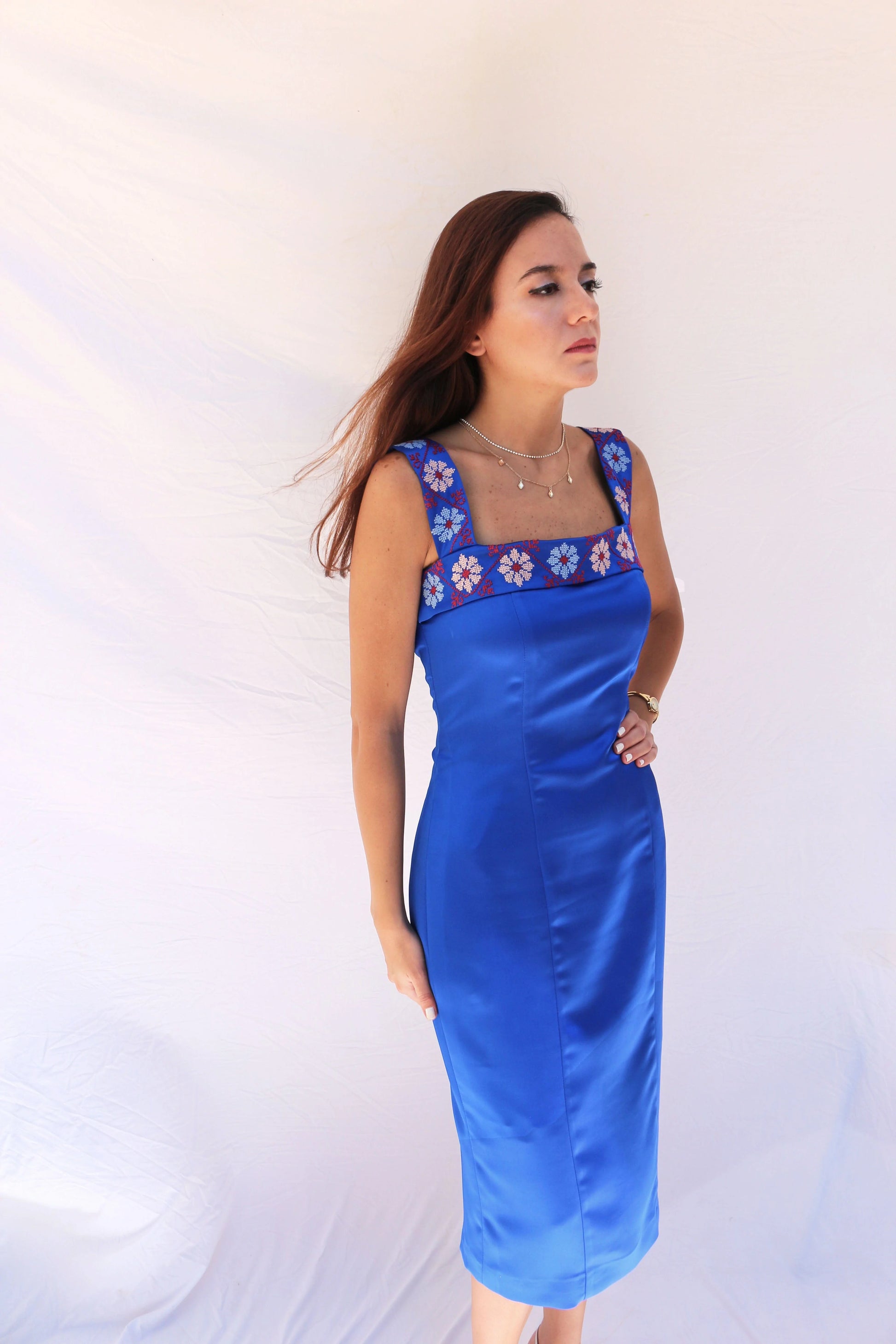 Bana - Hand-Embroidered Blue Satin Evening Dress Deerah