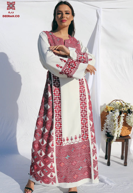 Eman - Hand - Embroidered White Palestinian Wedding Thobe - Deerah