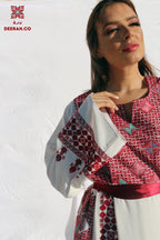 Eman - Hand - Embroidered White Palestinian Wedding Thobe - Deerah