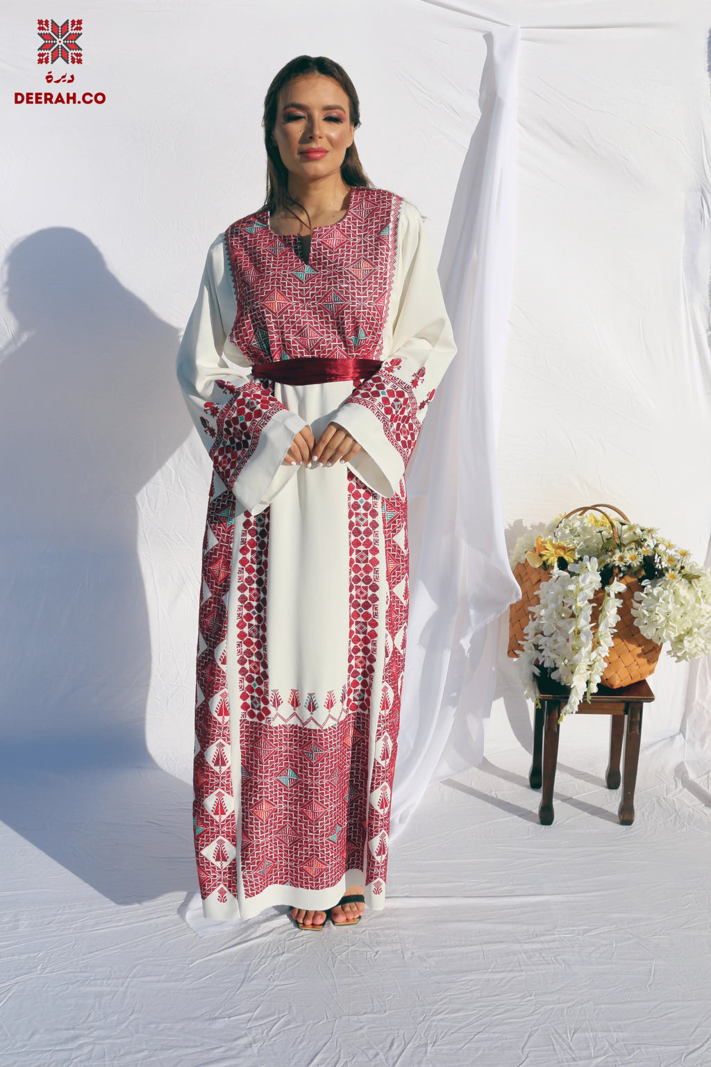 Eman - Hand - Embroidered White Palestinian Wedding Thobe - Deerah