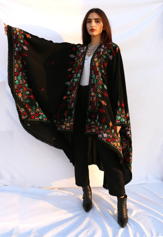 Hand Embroidered Black Blanket Cape - Deerah