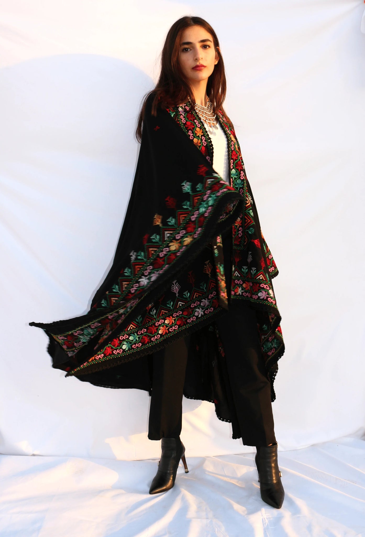 Hand Embroidered Black Blanket Cape - Deerah