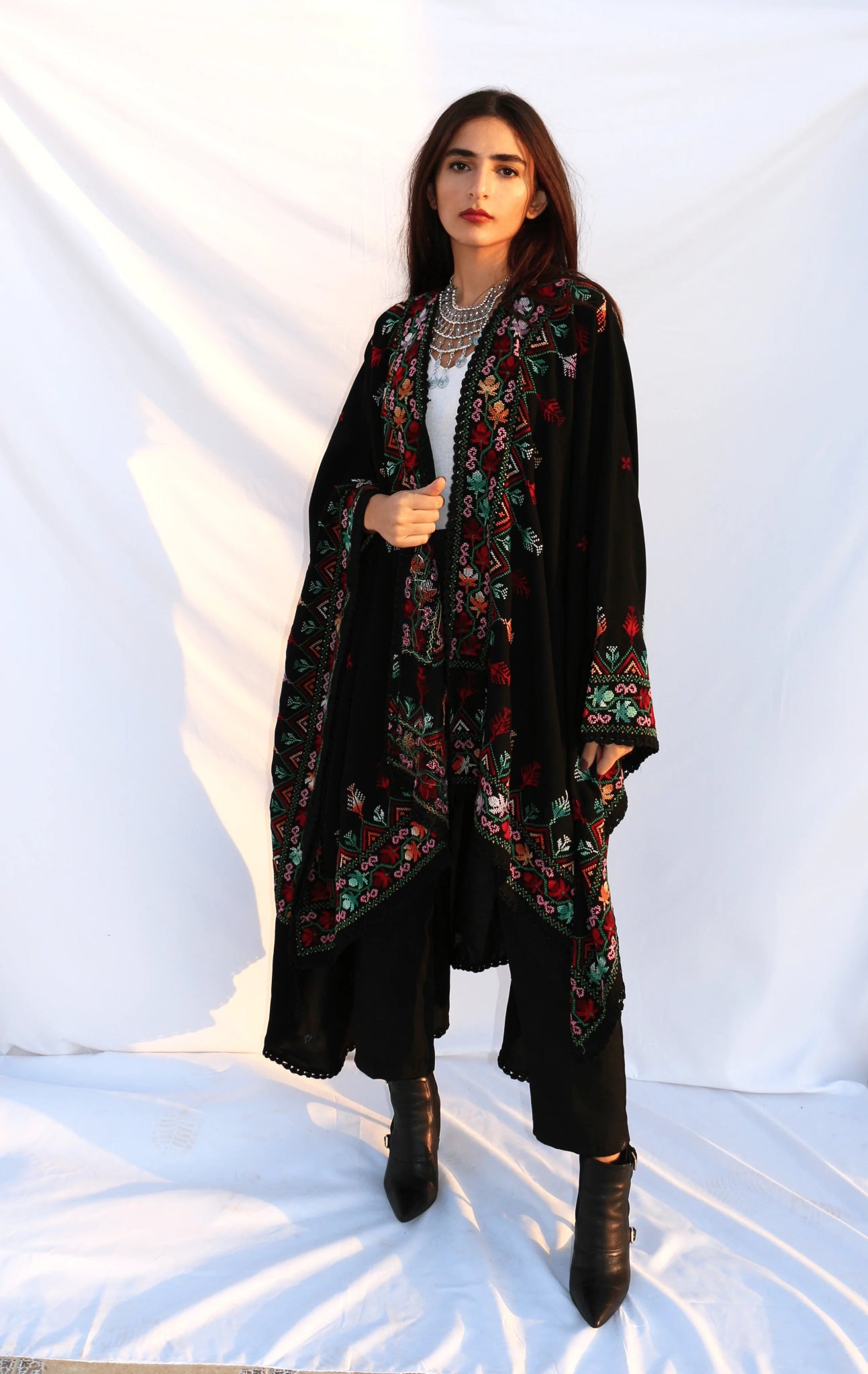 Hand Embroidered Black Blanket Cape - Deerah