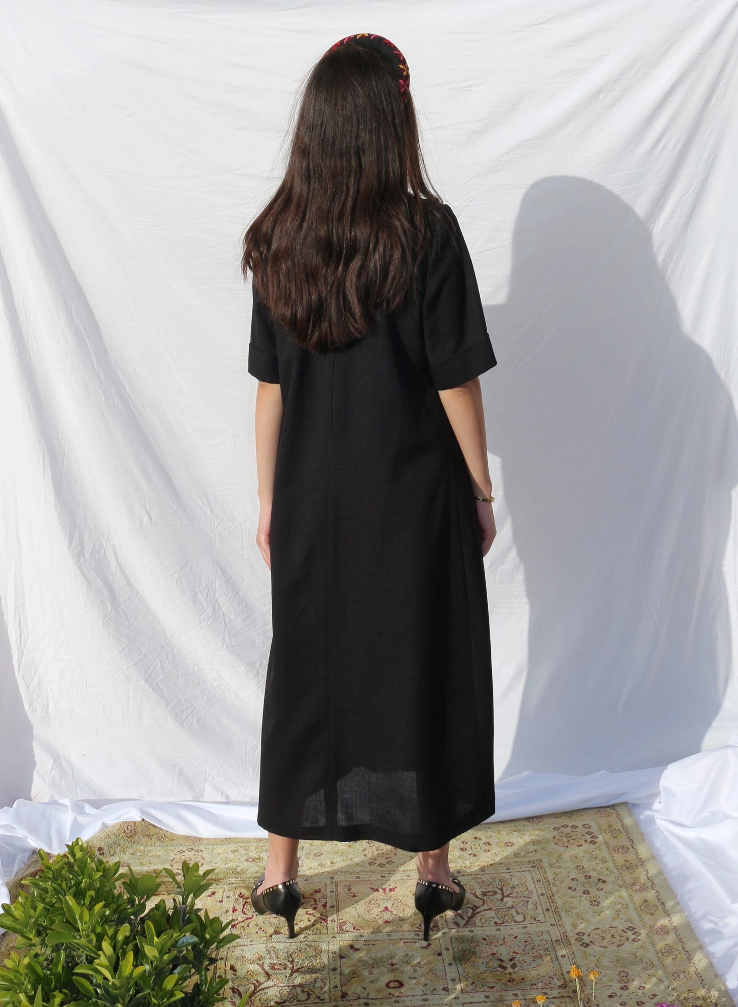 Hand-Embroidered Fallahi Black Linen Dress Deerah