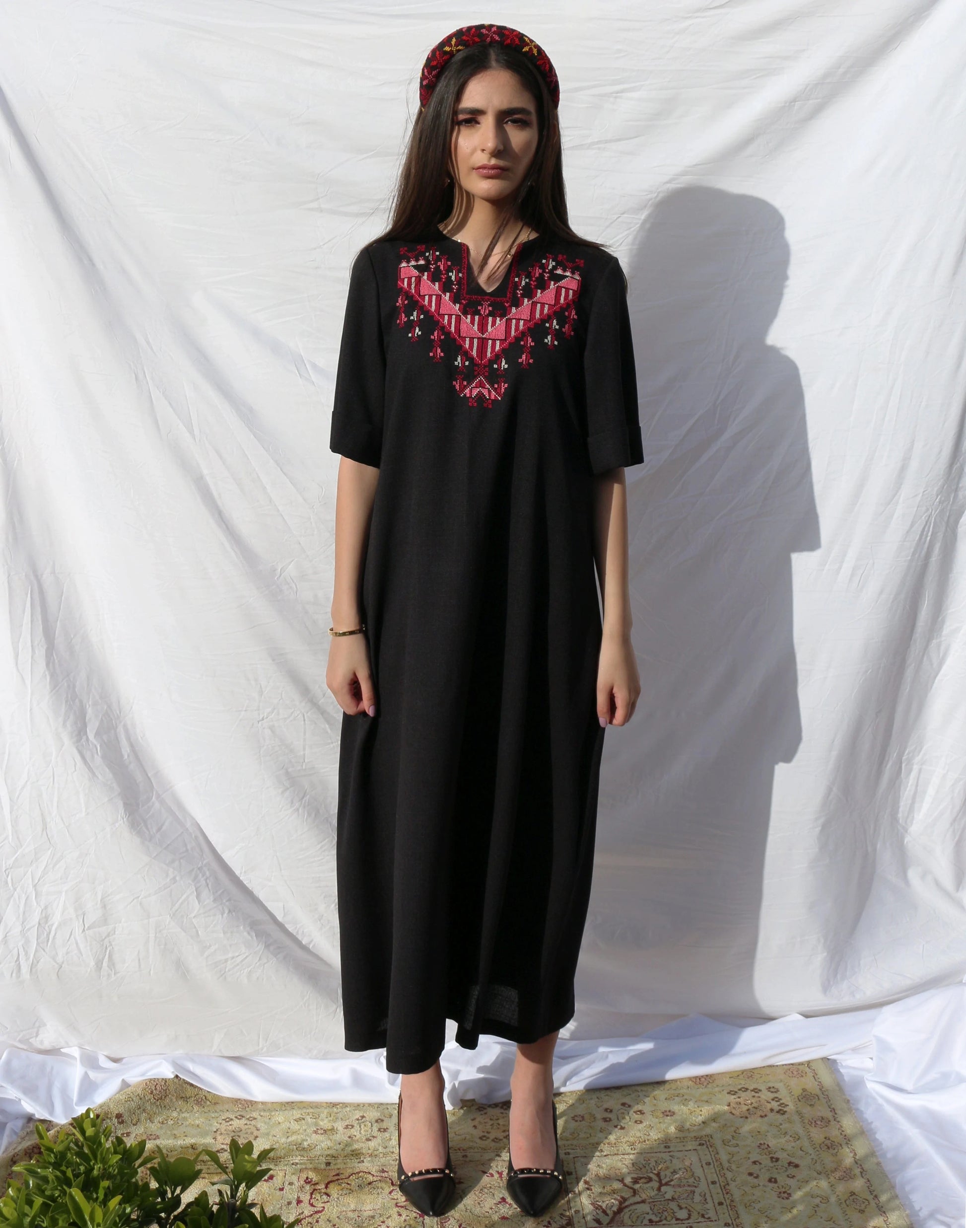 Hand-Embroidered Fallahi Black Linen Dress Deerah