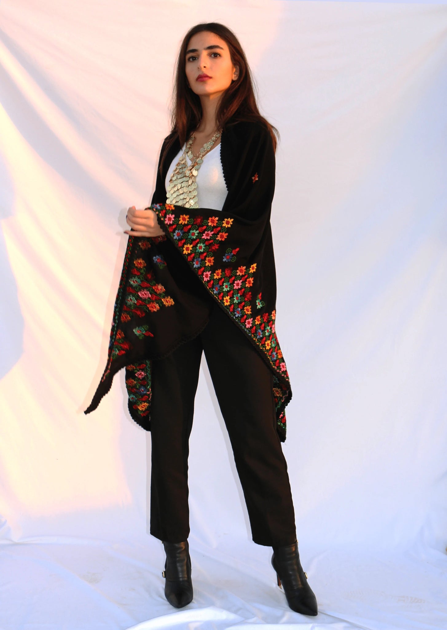 Hand Embroidered Crepe Shawl - Deerah