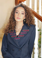 Hand - Embroidered Custom - made Women Pant Suit in Navy Blue - Deerah