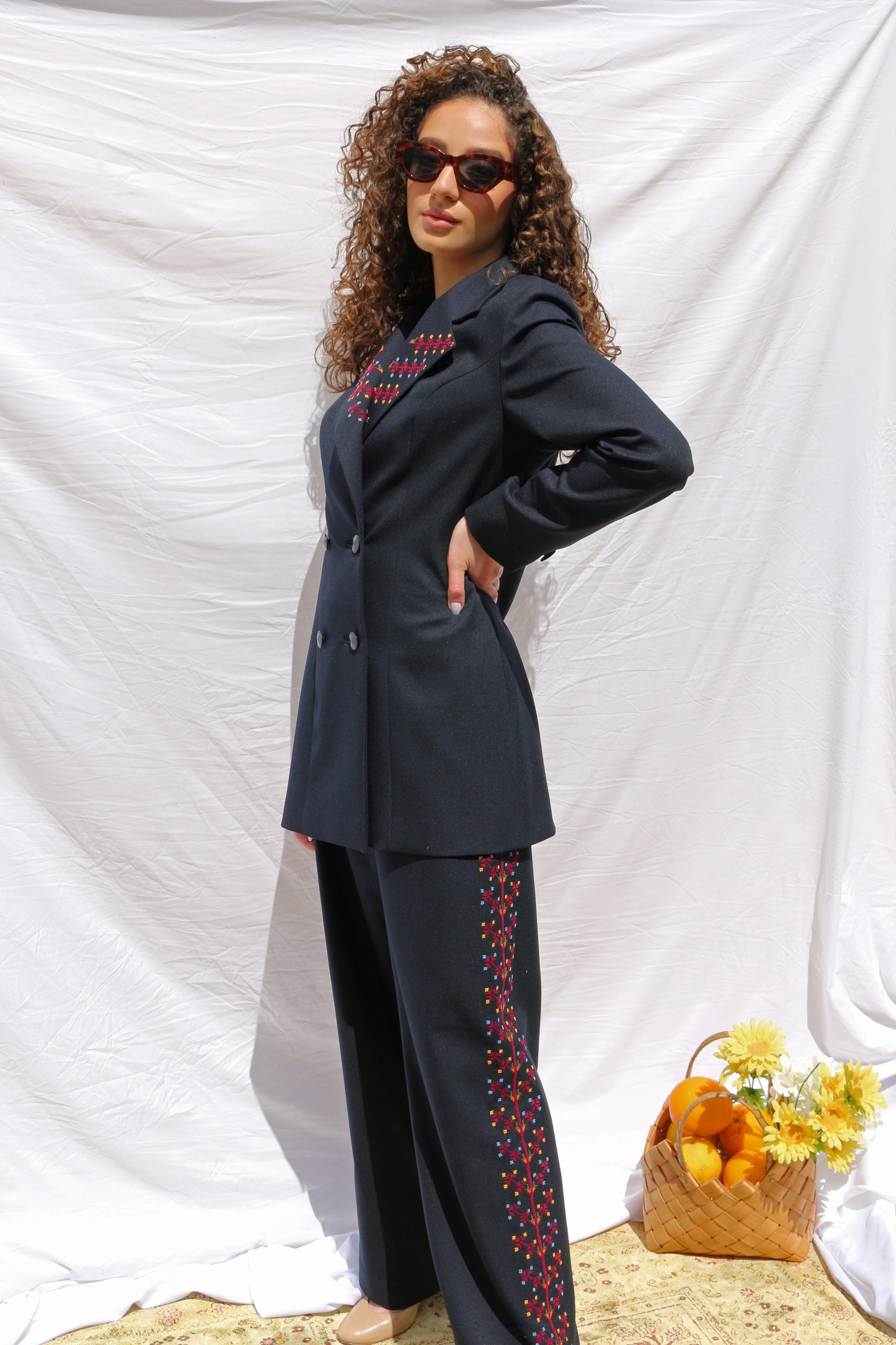 Hand-Embroidered Custom-made Women Pant Suit in Navy Blue - Deerah