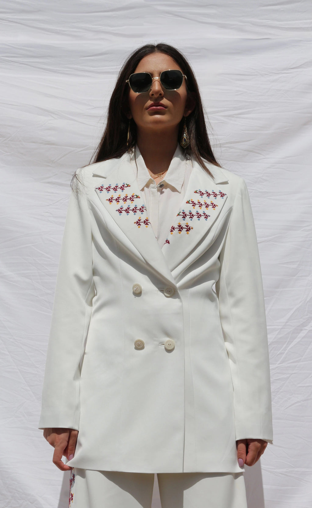 Hand - Embroidered Custom - made Women Pearl White Pants Suit - Deerah