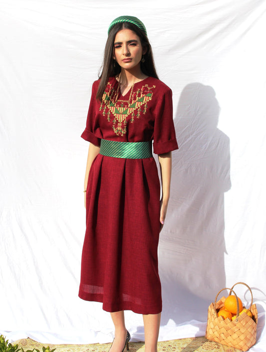 Hand - Embroidered Fallahi Burgundy Red Linen Dress - Deerah