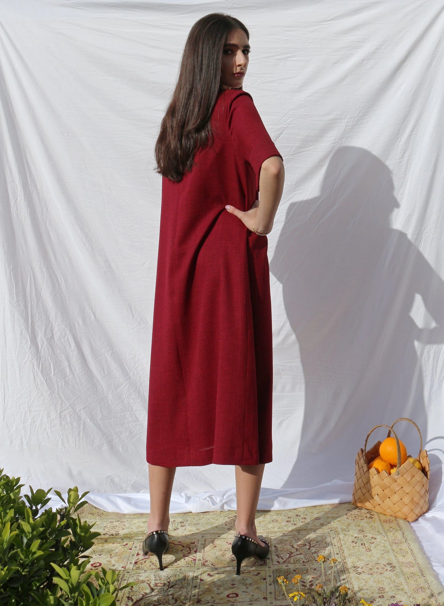 Hand-Embroidered Fallahi Burgundy Red Linen Dress Deerah