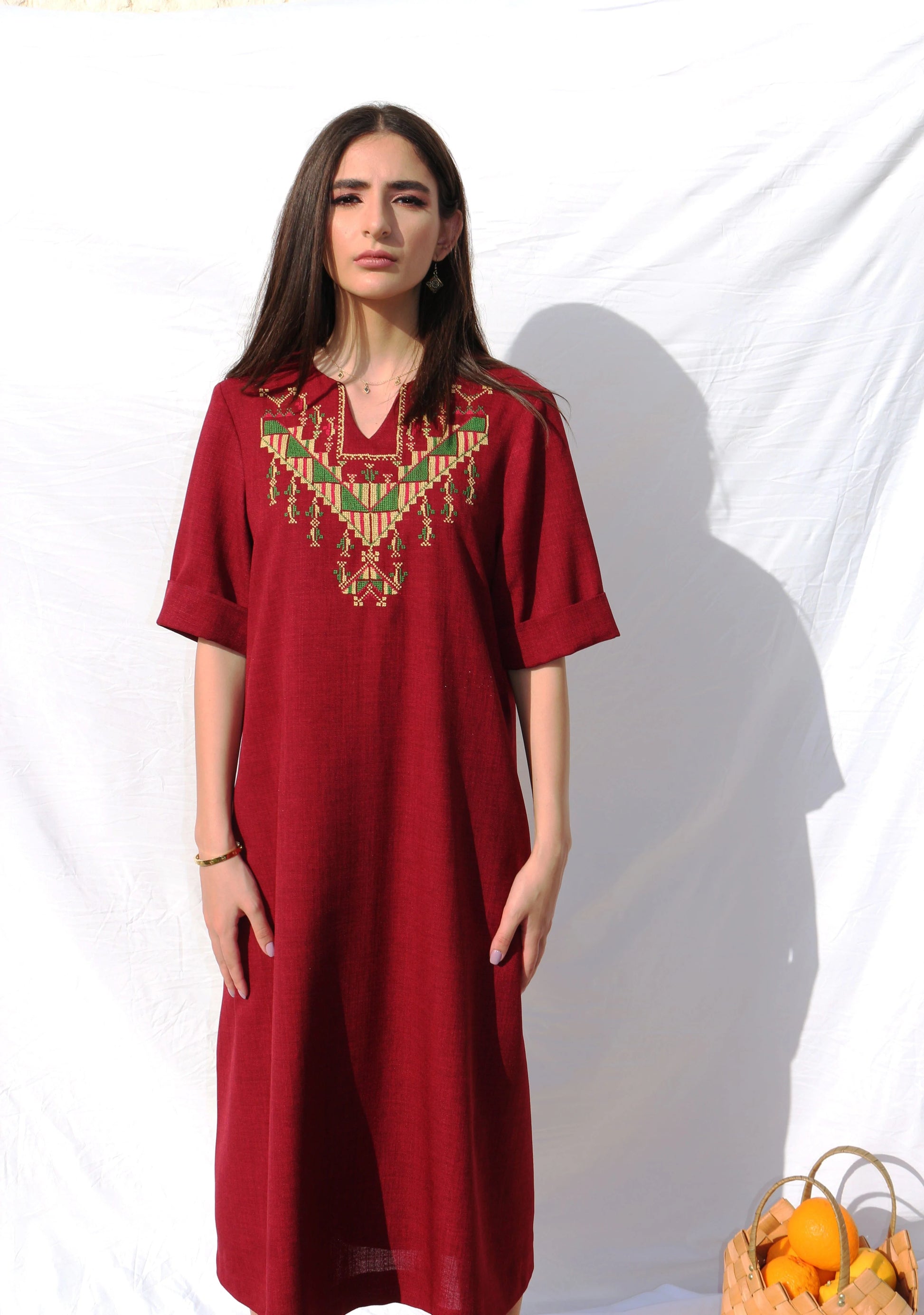 Hand-Embroidered Fallahi Burgundy Red Linen Dress Deerah