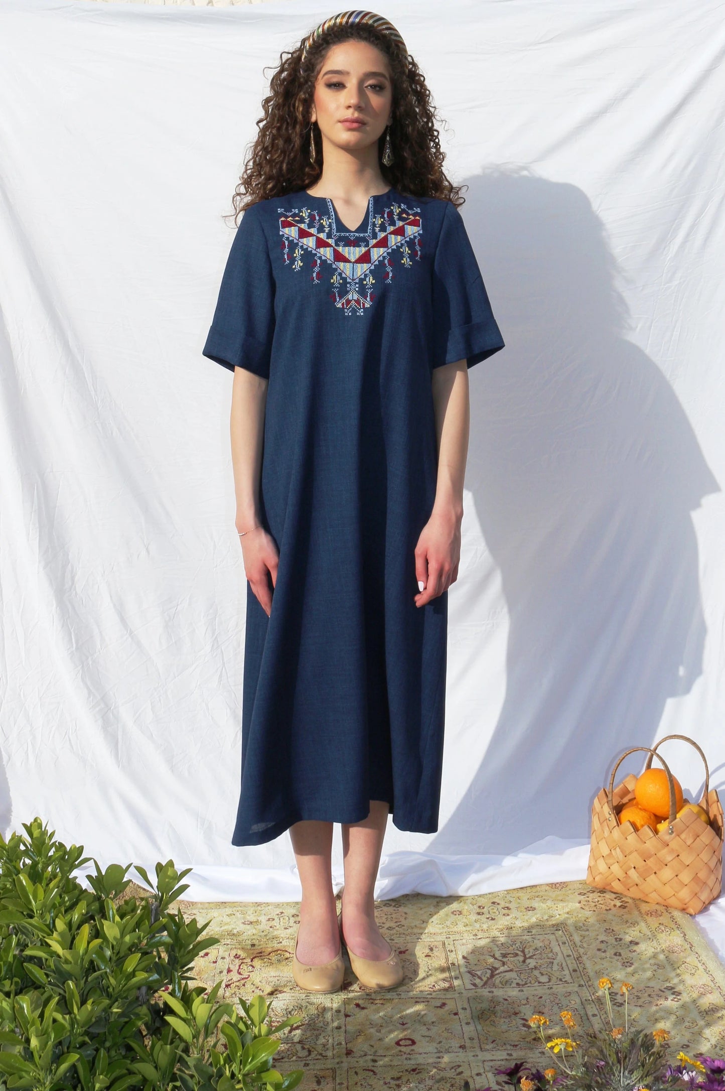 Hand-Embroidered Fallahi Linen Dress in Navy Blue Deerah