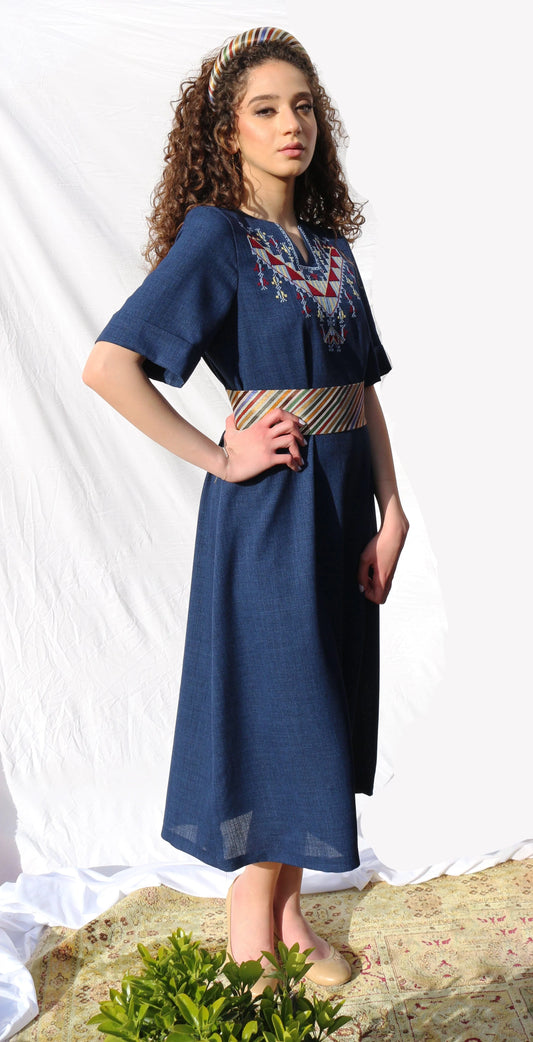 Hand-Embroidered Fallahi Linen Dress in Navy Blue Deerah