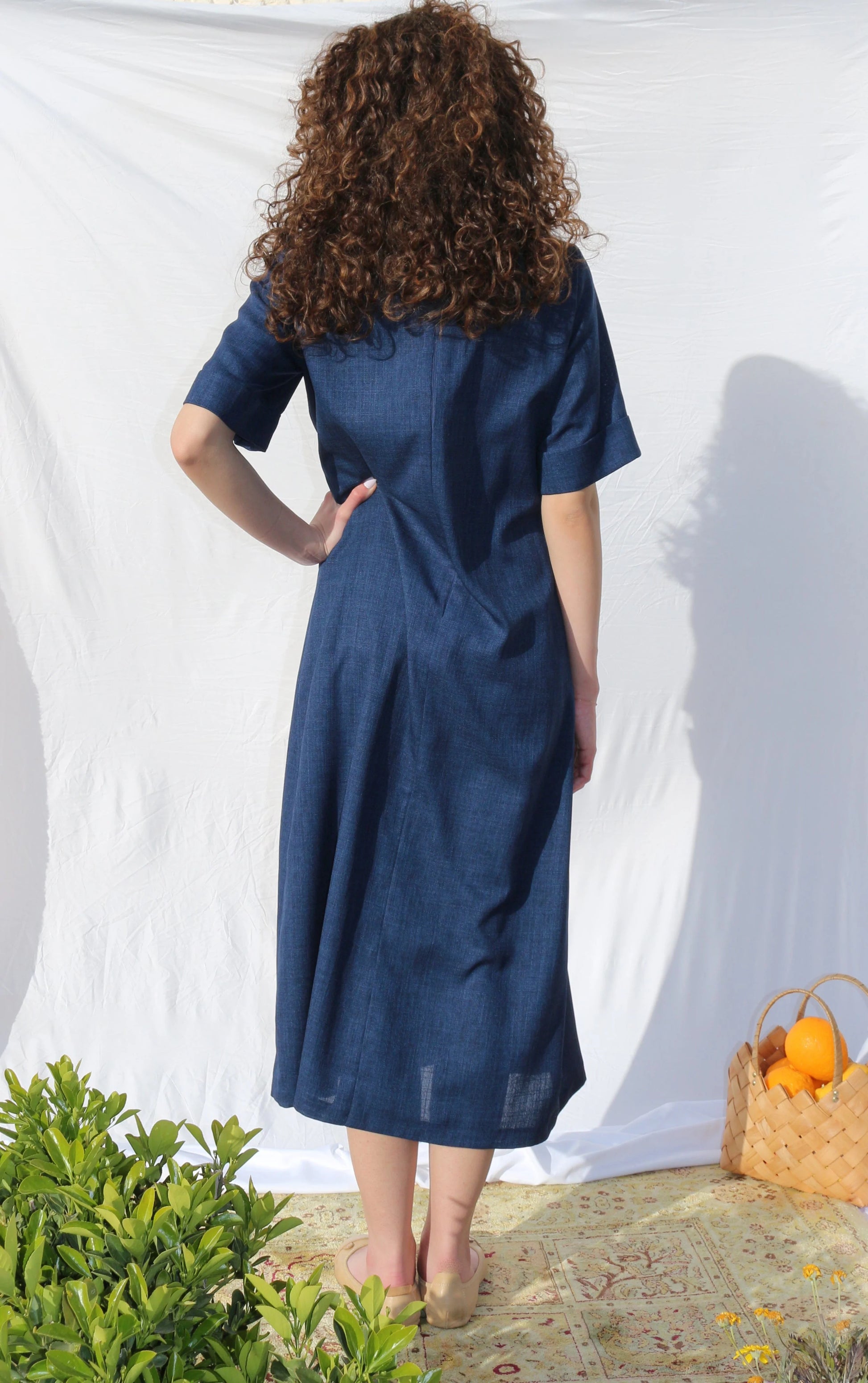 Hand-Embroidered Fallahi Linen Dress in Navy Blue