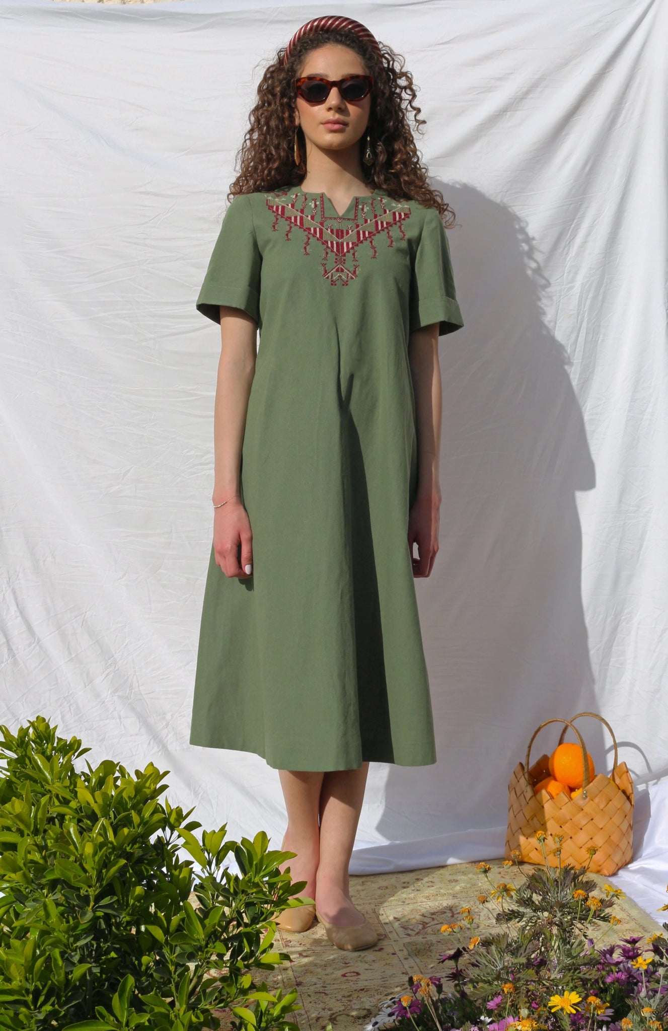 Hand - Embroidered Fallahi Olive Green Linen Dress - Deerah