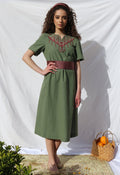 Hand - Embroidered Fallahi Olive Green Linen Dress - Deerah